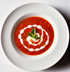 Gazpacho soup in a white plate on a white background. View from above. Generative AI