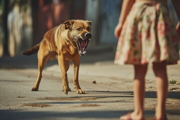 Little girl in a floral dress standing in front of a barking dog on the street