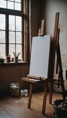 Interior artist easel with blank canvas for template in a cozy room,
