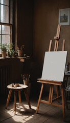 Interior artist easel with blank canvas for template in a cozy room,