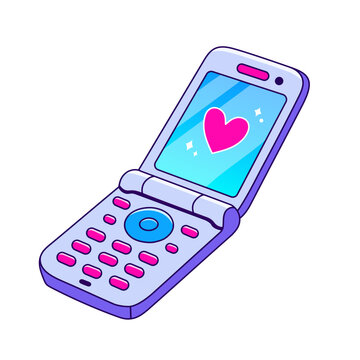 90s Valentines day card in flat style, line style. Hand drawn flip phone vector illustration. Patch, badge, emblem.