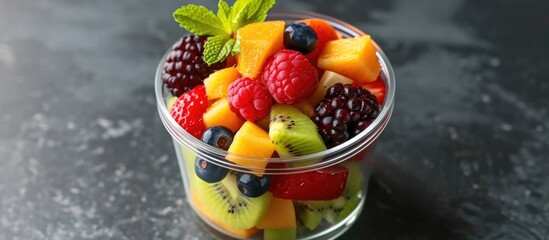 Fruit mixture served in a glass container.