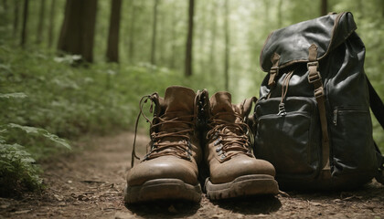 Pair of brown leather boots and leather backpack on forest,