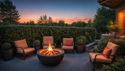 A cozy outdoor setting with a fireplace surrounded by garden furniture, trees, and flowers, perfect for summer relaxation and enjoying the outdoors