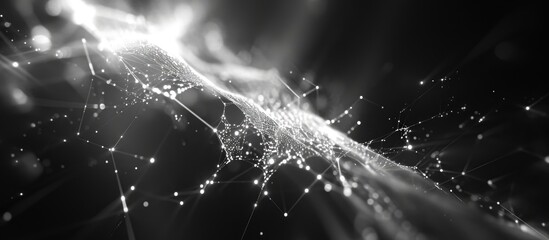 Abstract 3D rendering of a computer-generated, black and white background with a new quantum technology glow, utilizing particles and potentially dark matter. - obrazy, fototapety, plakaty
