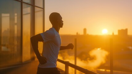 An athlete training at sunrise, displaying determination and a healthy lifestyle, with an urban backdrop 
