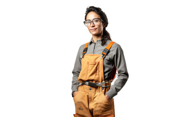 Confident female worker in overalls with a hands-on-hips pose against transparent background