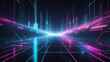 Abstract technology background, wide banner of futuristic digital space with data and neon light. Perspective of cyberspace or virtual reality. Concept of tech, future, network, metaverse