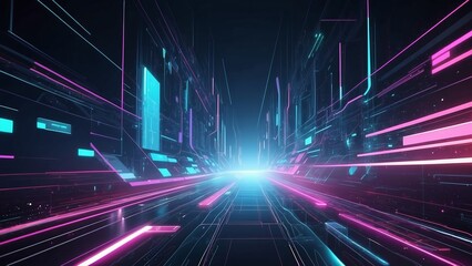 Abstract technology background, wide banner of futuristic digital space with data and neon light. Perspective of cyberspace or virtual reality. Concept of tech, future, network, metaverse