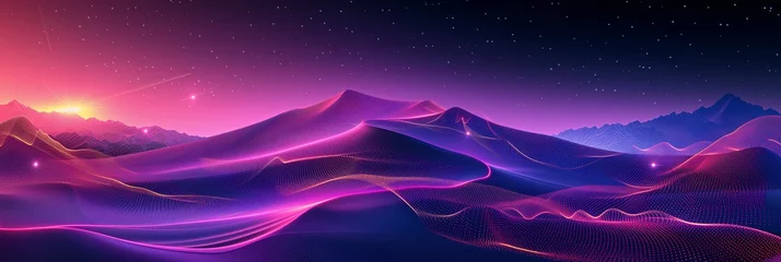 Schilderijen op glas Synthetic Waves: Abstract Neon Landscape of Digital Particles Flowing, Ideal for Representing Data, Virtual Reality, and Futuristic Concepts © Rade Kolbas
