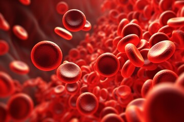 Model of red blood cells circulating in the blood vessels. Abstract science background.  Medicine. Medical science and biotechnology - obrazy, fototapety, plakaty