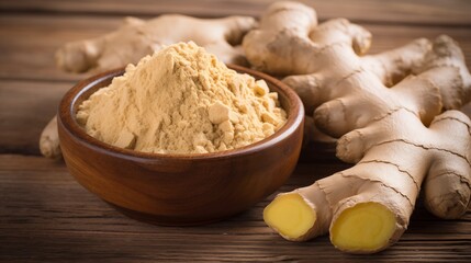 Ginger powder in wooden bowl and ginger root on dark wood background. Flu treatment. Ayurveda. Alternative medicine. Spicies for cooking
