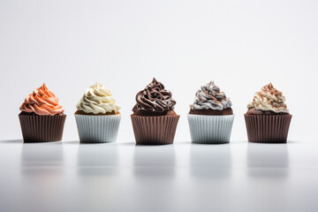 Assorted cupcakes with creamy frosting on a white background