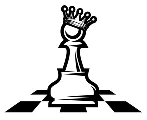 Pawn with a crown on a chess field. Vector template. Element for design