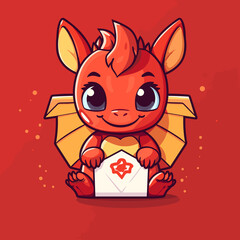 Chibi dragon isolated on a red lucky envelope background. Flat logo vector
