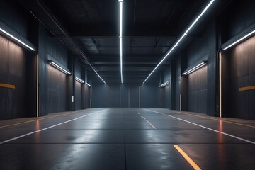 Minimal Modern warehouse background, futuristic underground garage with neon lighting. Minimalist design of dark empty room, hallway interior. Concept of hangar, industry, hall, parking