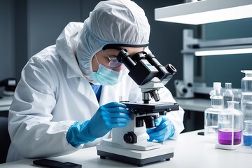 Scientist conducting experiments in laboratory with microscope and advanced equipment