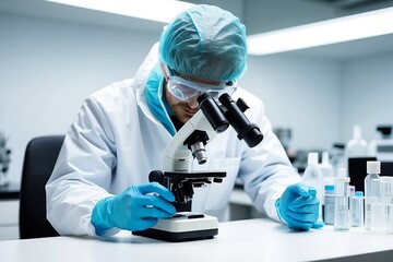 Scientist in lab examines samples under microscope