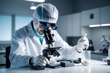 Scientist conducting experiments in laboratory with microscope and advanced equipment