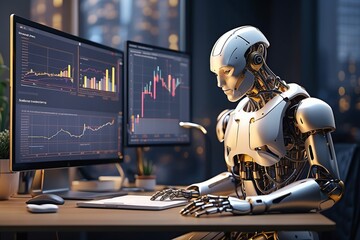 illustrations of data science in finance industry. AI robot assisting human for financial analysis
