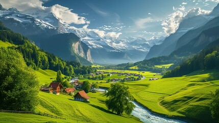 Beautiful Alps landscape with village, green fields, mountain river at sunny day. Swiss mountains at the background