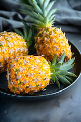 Professional food photo. Ad for healthy lifestyle, fitness. Plate with pineapple, pine apple, pineapple. Fruits