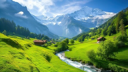 Beautiful Alps landscape with village, green fields, mountain river at sunny day. Swiss mountains at the background