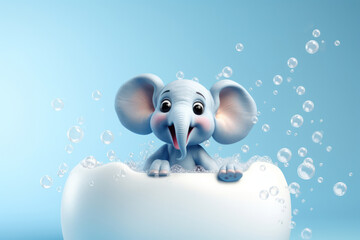 Cheerful Baby Elephant Bathing in a Cute Cartoon Jungle