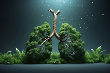 On white background, a lung made of minimal trees filled with green leaves, a sensation of breath and relief. technological, brilliant, majestic. Surrealism, orthography, ultra wide field of view.