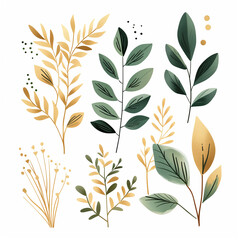 Watercolor floral art illustration set - green & gold leaf branches collection, for wedding stationary, greetings, wallpapers, fashion, isolated on white background. Eucalyptus, olive and green leaf.