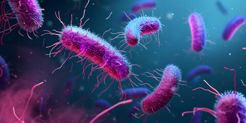 Patogenic salmonella bacteria, Escherichia Coli E Coli cells or bacterium under microscope