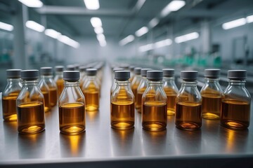 Medical vials on production line at pharmaceutical factory, Pharmaceutical machine working pharmaceutical glass bottles production line.