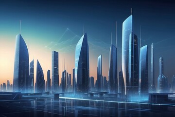 Metaverse smart technology city. Digital futuristic data skyscrapers on technological blue background. Business, science, internet concept
