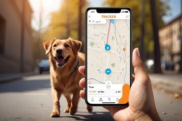 Pet Tracker during walk with an animal on the street. Banner.