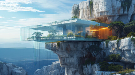 A crystalline structure perched on a cliff, its transparent walls allowing uninterrupted views of the surrounding landscape. 
