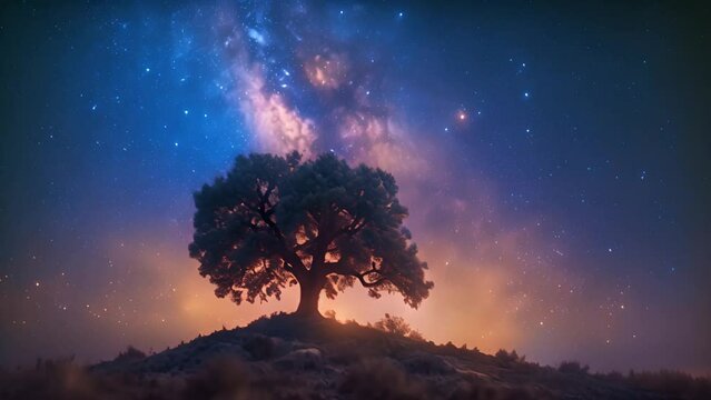 4k Big beautiful tree against the African night sky with the Milky Way rising. Galaxy sparkling in the night. Colorful landscape