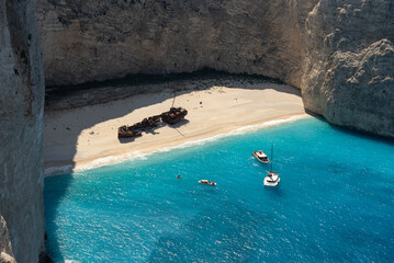 Aerial view of Navagio beach on Zakynthos island, Greece. Shipwreck Beach or Agios Georgios. is exposed cove in the Ionian Islands of Greece. Shipwreck on the beach in Zakynthos island, Greece.