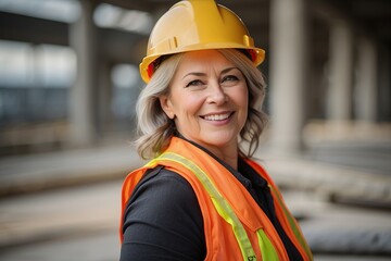 Smiling woman construction worker wearing a hardhat in an industrial setting
