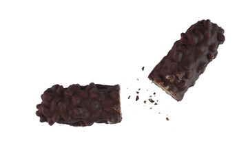 Chocolate bar stuffed with rice puff, crispy wafer and caramel isolated transparent
