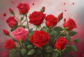 AI generated illustration of a bouquet of red and pink roses with scattered petals on a table