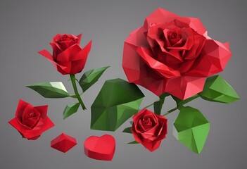 AI generated illustration of red roses with green leaves and heart motifs on a grey backdrop