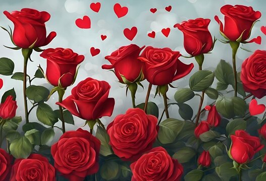 AI generated illustration of red roses with heart-shaped decorations hanging on a wall painting