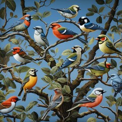 Vibrant digital art-illustration of colorful birds perched on spring tree branches