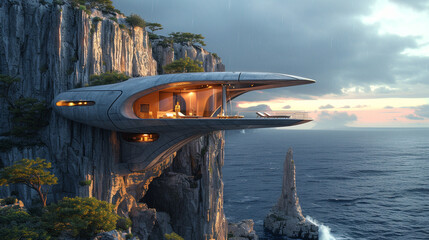 A futuristic, cantilevered house on stilts, suspended above a rocky cliff, offering breathtaking views of the rugged coastline.  - obrazy, fototapety, plakaty