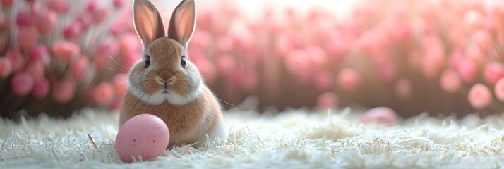 Funny Easter bunny with an egg. Easter banner.