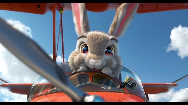 Alarge white rabbit peering over the cockpit of an orange airplane against a blue sky with clouds.