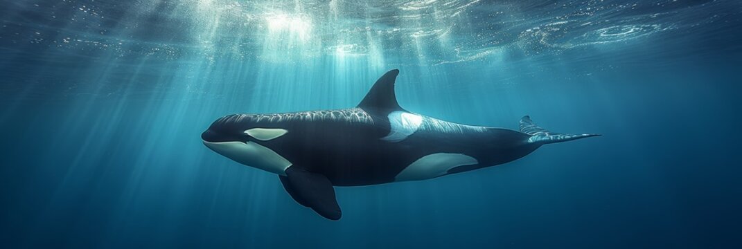 Killer whale underwater, a photo of a killer whale from underwater.