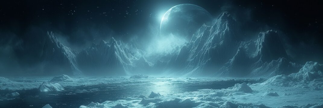Futuristic icy alien planet surface with glowing moon and distant icy mountain peaks under dark starfield sky