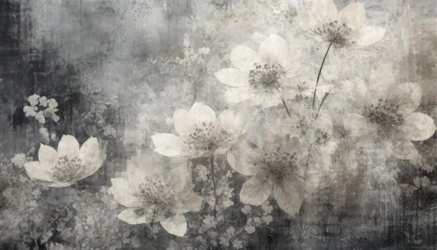 Fototapeta Tapeta, tło z motywem betonu i kwiatów w podwójnej ekspozycji. Generative AI