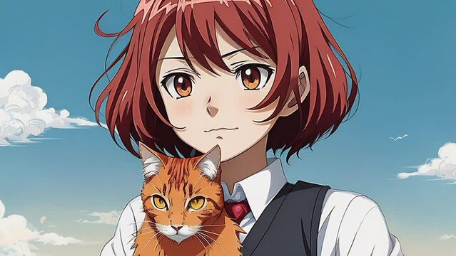 An anime-style depiction of a girl with reddish-brown hair and amber eyes holding a similarly colored cat against a blue sky with clouds